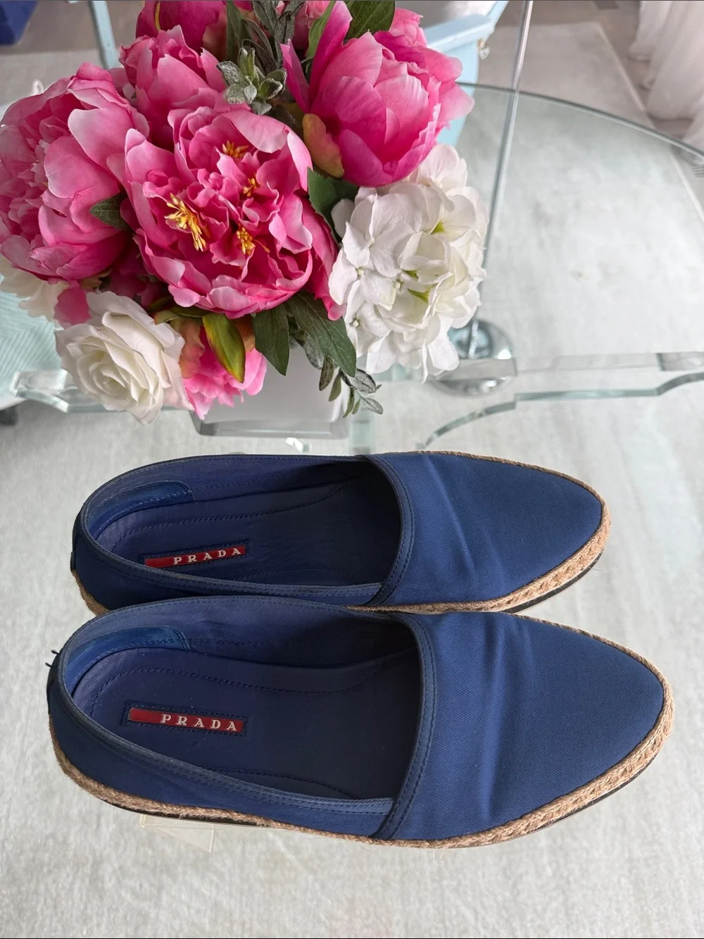 Prada Blue Espadrille Slip-On Flats Size 39.5 Beachy Summer Comes W/ Bag and Box